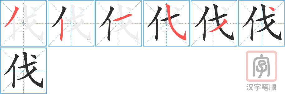 《伐》的笔顺分步演示（一笔一画写字）