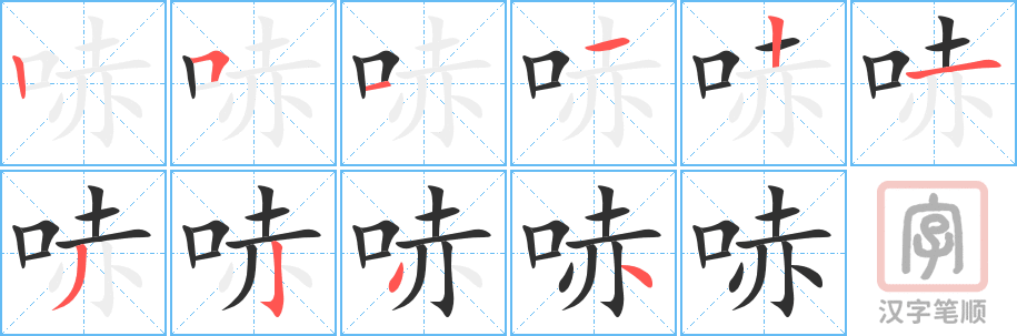 《哧》的笔顺分步演示（一笔一画写字）