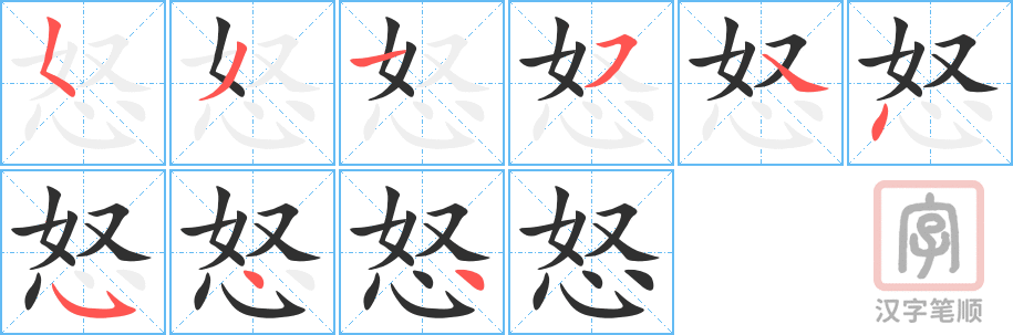 《怒》的笔顺分步演示（一笔一画写字）