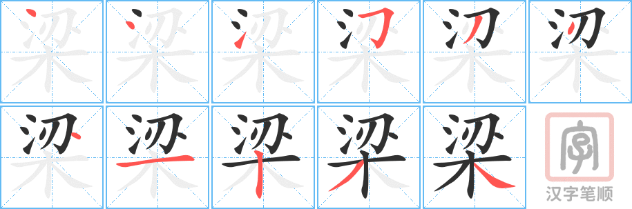 《梁》的笔顺分步演示（一笔一画写字）