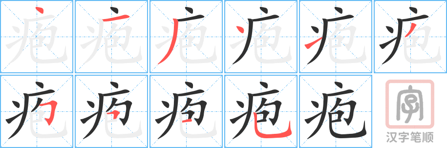 《疱》的笔顺分步演示（一笔一画写字）