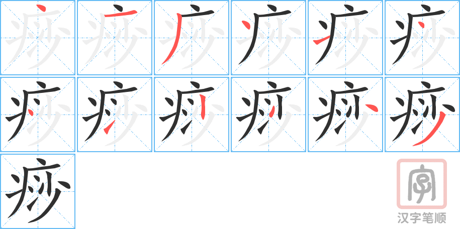 《痧》的笔顺分步演示（一笔一画写字）