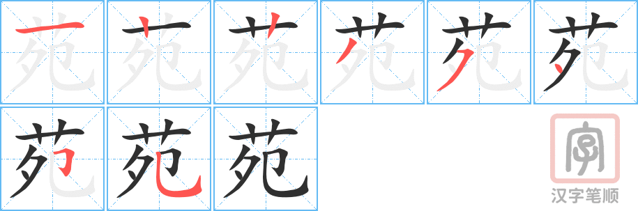 《苑》的笔顺分步演示（一笔一画写字）